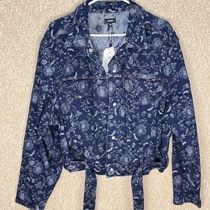 NWT Express XL floral denim jacket cotton blend belted button down pockets new